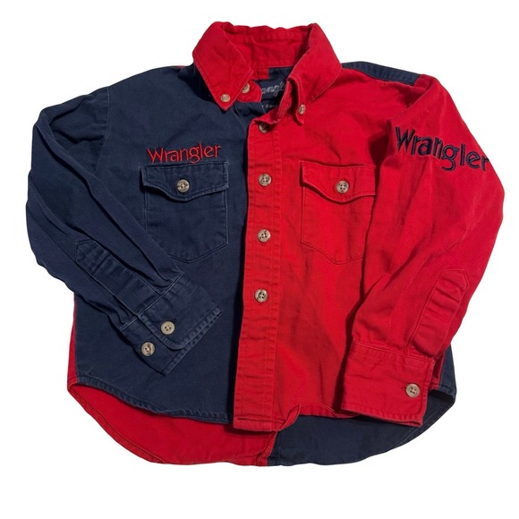 Vtg Wrangler Shirt XS 3/4 Boy Western Rodeo Cowboy Embroidered Kid 2 Tone Red Bl - Picture 1 of 11